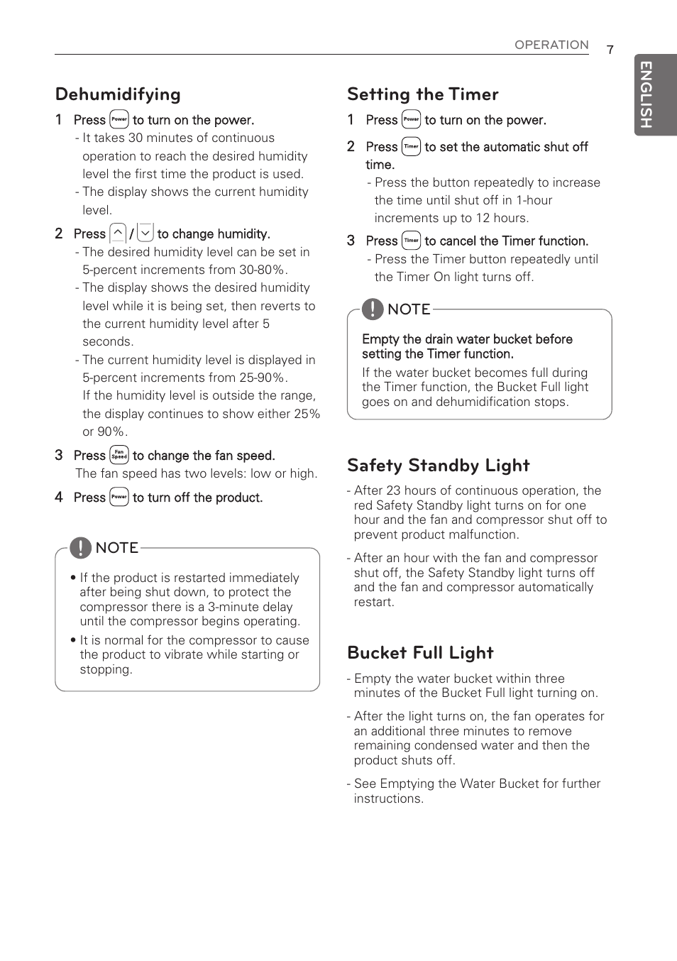 Dehumidifying, Setting the timer, Safety standby light | Bucket full light | LG 50 Pint Dehumidifier  Owner Manual User Manual | Page 9 / 57