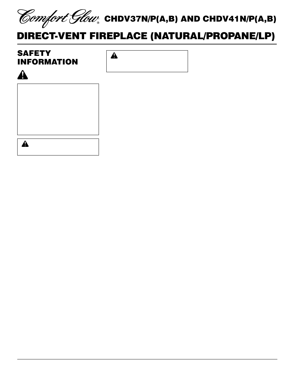 Direct-vent fireplace (natural/propane/lp), Chdv37n/p(a,b) and chdv41n/p(a,b), Safety information | Desa CHDV37N/P User Manual | Page 2 / 38