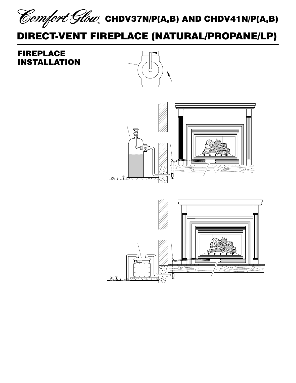 Direct-vent fireplace (natural/propane/lp), Chdv37n/p(a,b) and chdv41n/p(a,b), Fireplace installation | Continued | Desa CHDV37N/P User Manual | Page 20 / 38