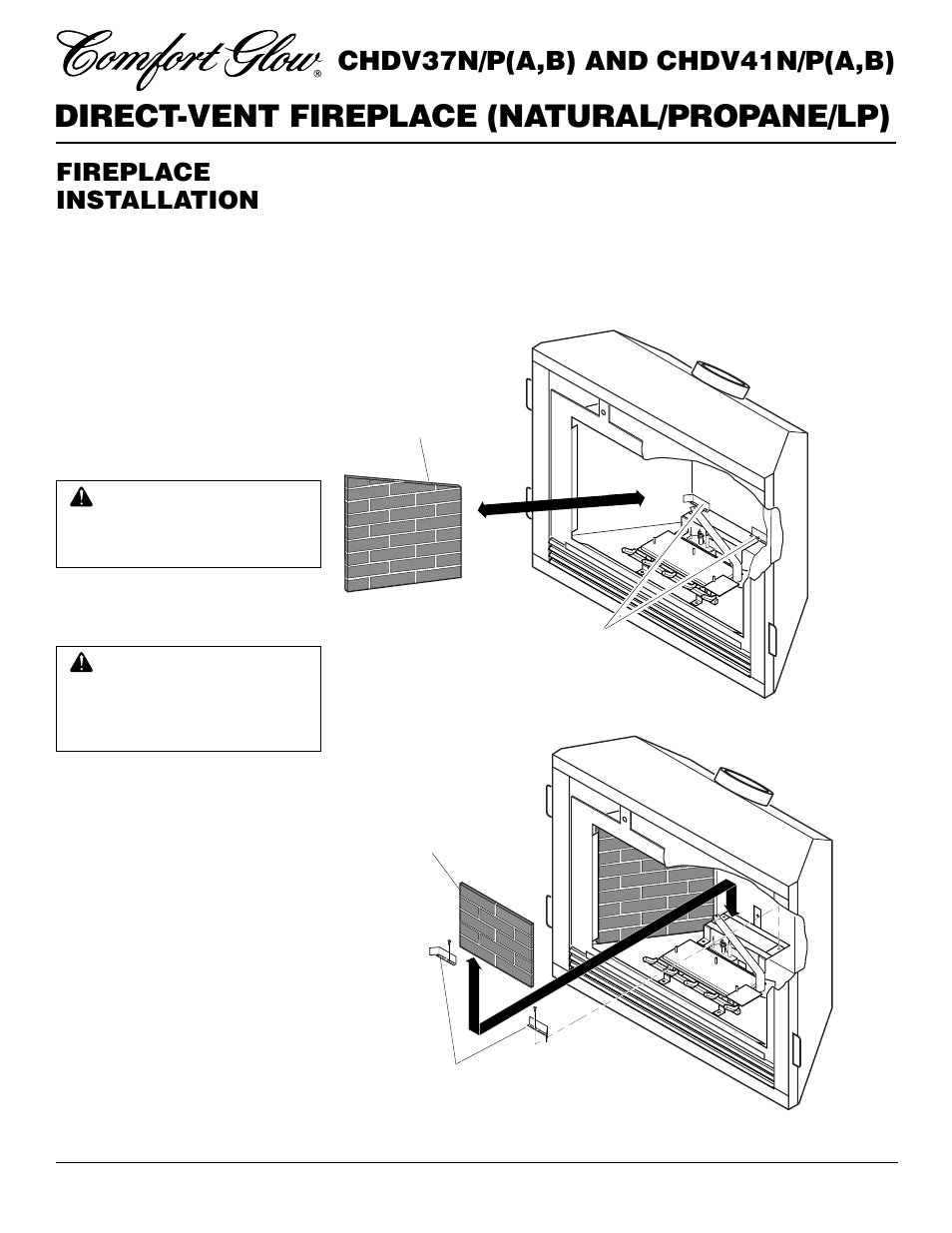 Direct-vent fireplace (natural/propane/lp), Chdv37n/p(a,b) and chdv41n/p(a,b), Fireplace installation | Desa CHDV37N/P User Manual | Page 22 / 38