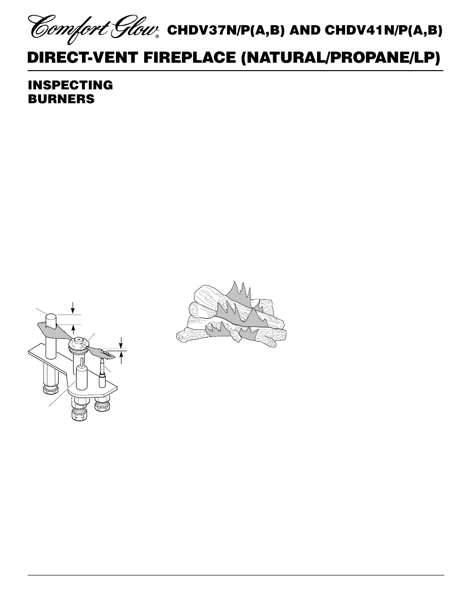 Direct-vent fireplace (natural/propane/lp), Chdv37n/p(a,b) and chdv41n/p(a,b), Inspecting burners | Desa CHDV37N/P User Manual | Page 26 / 38