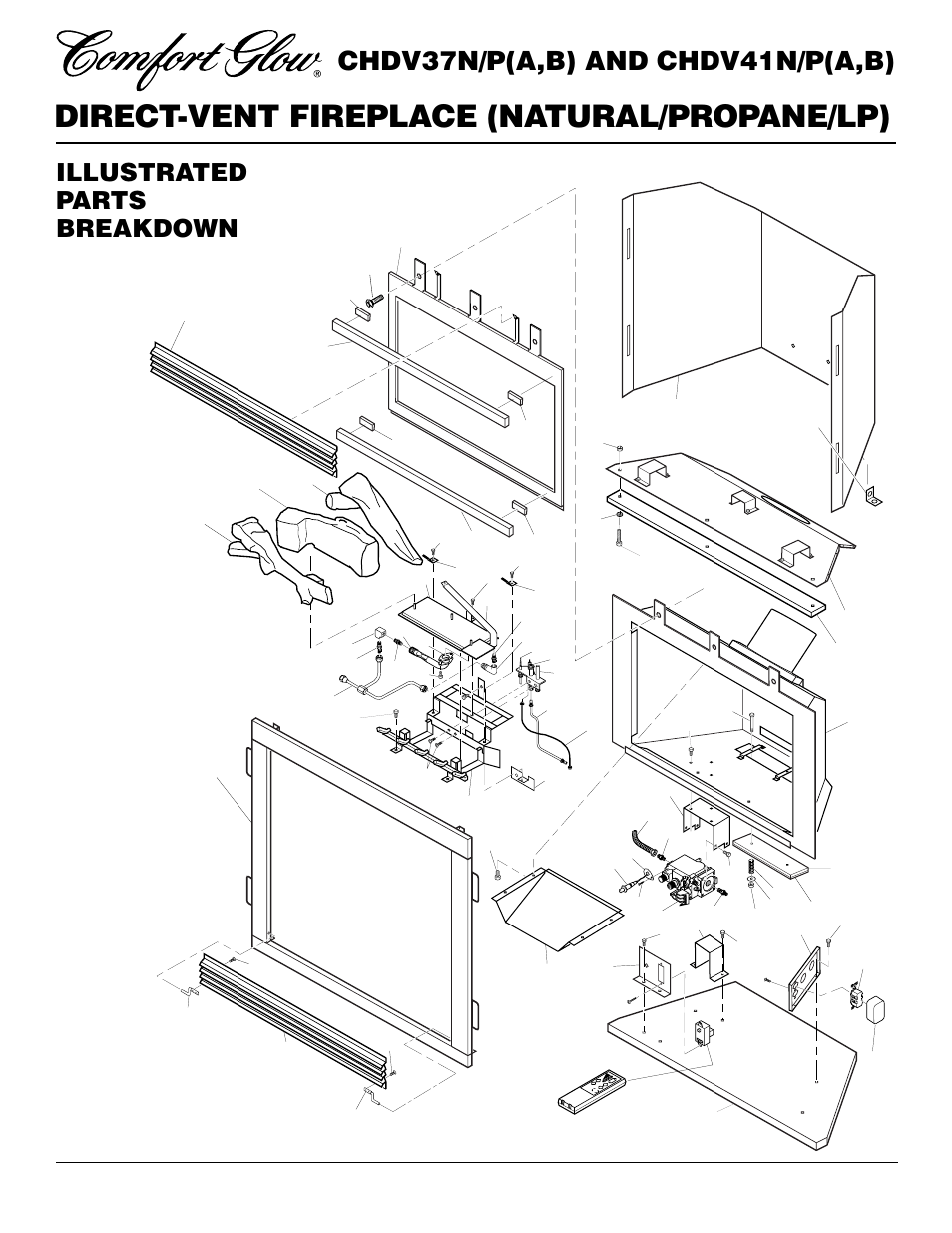 Direct-vent fireplace (natural/propane/lp), Chdv37n/p(a,b) and chdv41n/p(a,b), Illustrated parts breakdown | Desa CHDV37N/P User Manual | Page 34 / 38