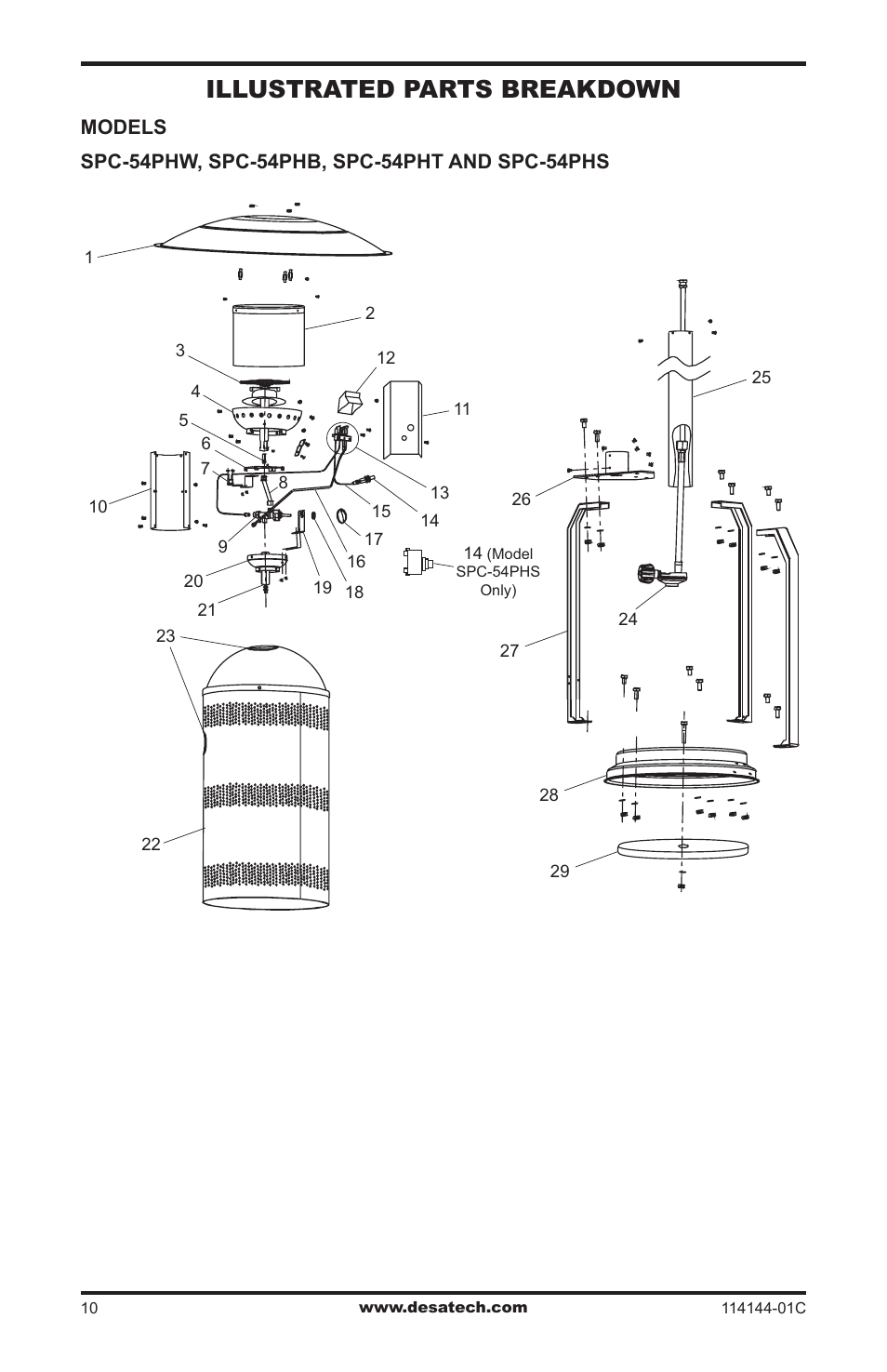 Illustrated parts breakdown and parts list, Illustrated parts breakdown | Desa SPC-54PHW User Manual | Page 10 / 12