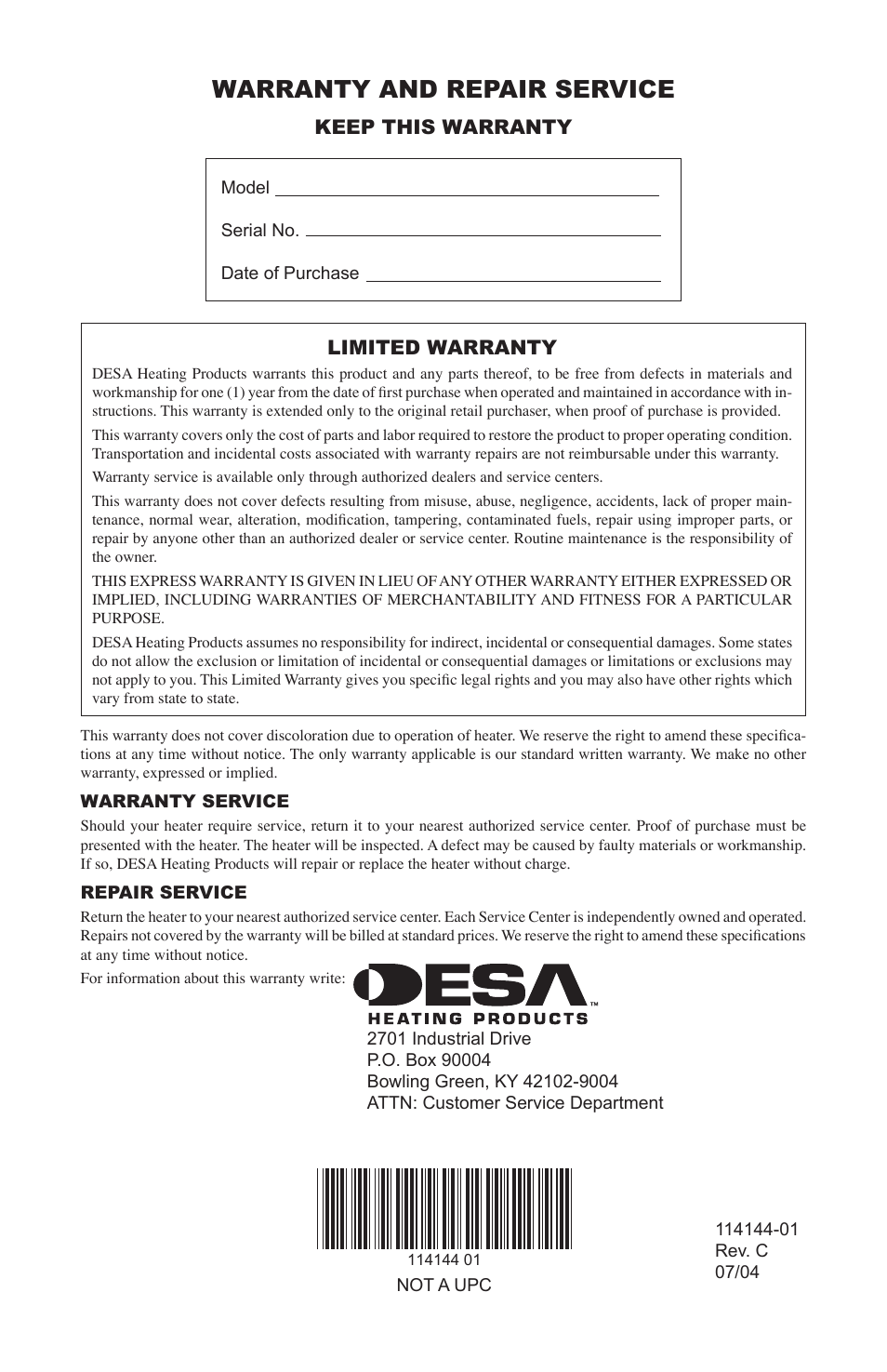 Warranty and repair service, Keep this warranty, Limited warranty | Desa SPC-54PHW User Manual | Page 12 / 12