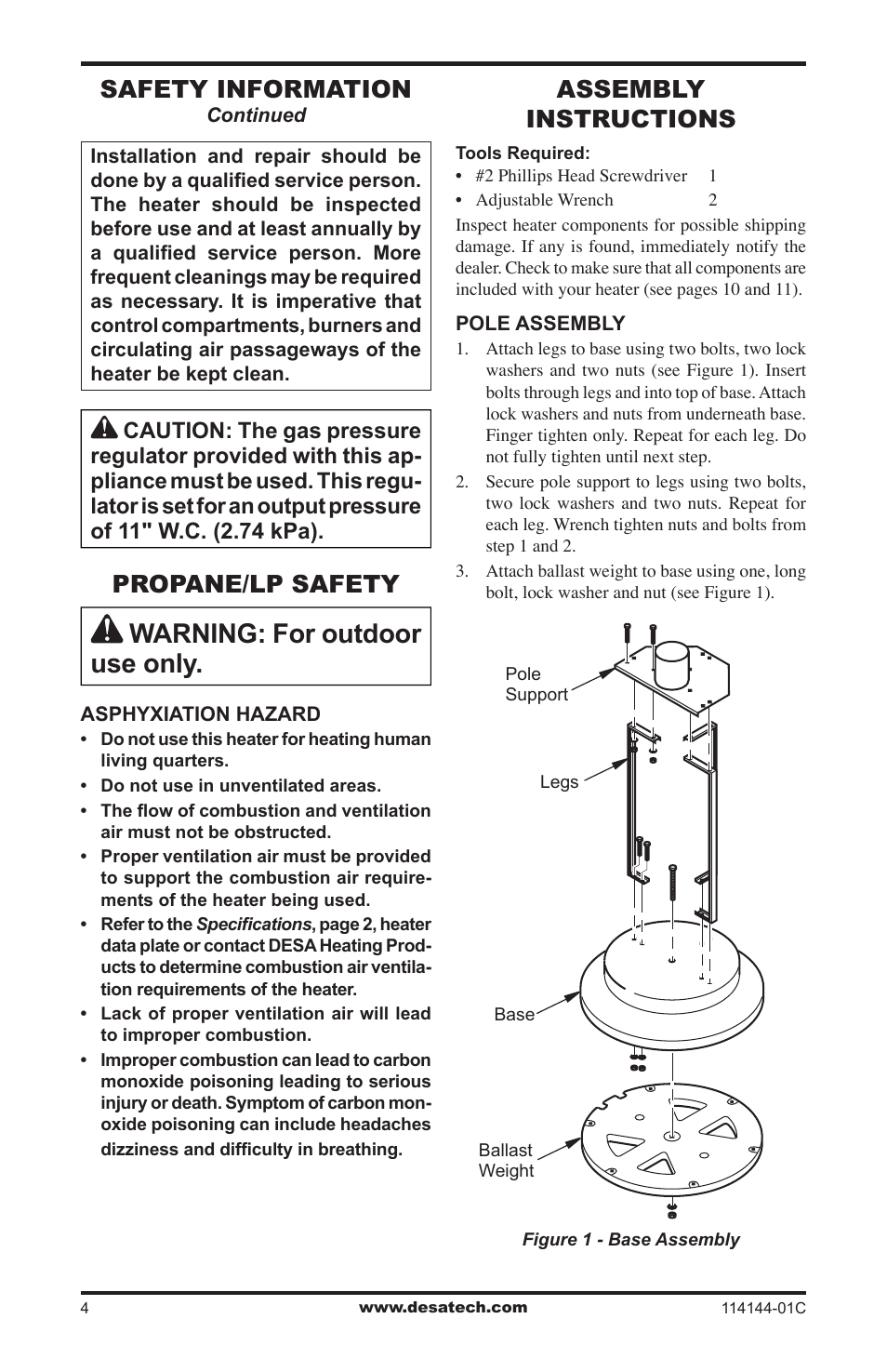 Propane/lp safety, Warning: for outdoor use only, Assembly instructions | Safety information | Desa SPC-54PHW User Manual | Page 4 / 12
