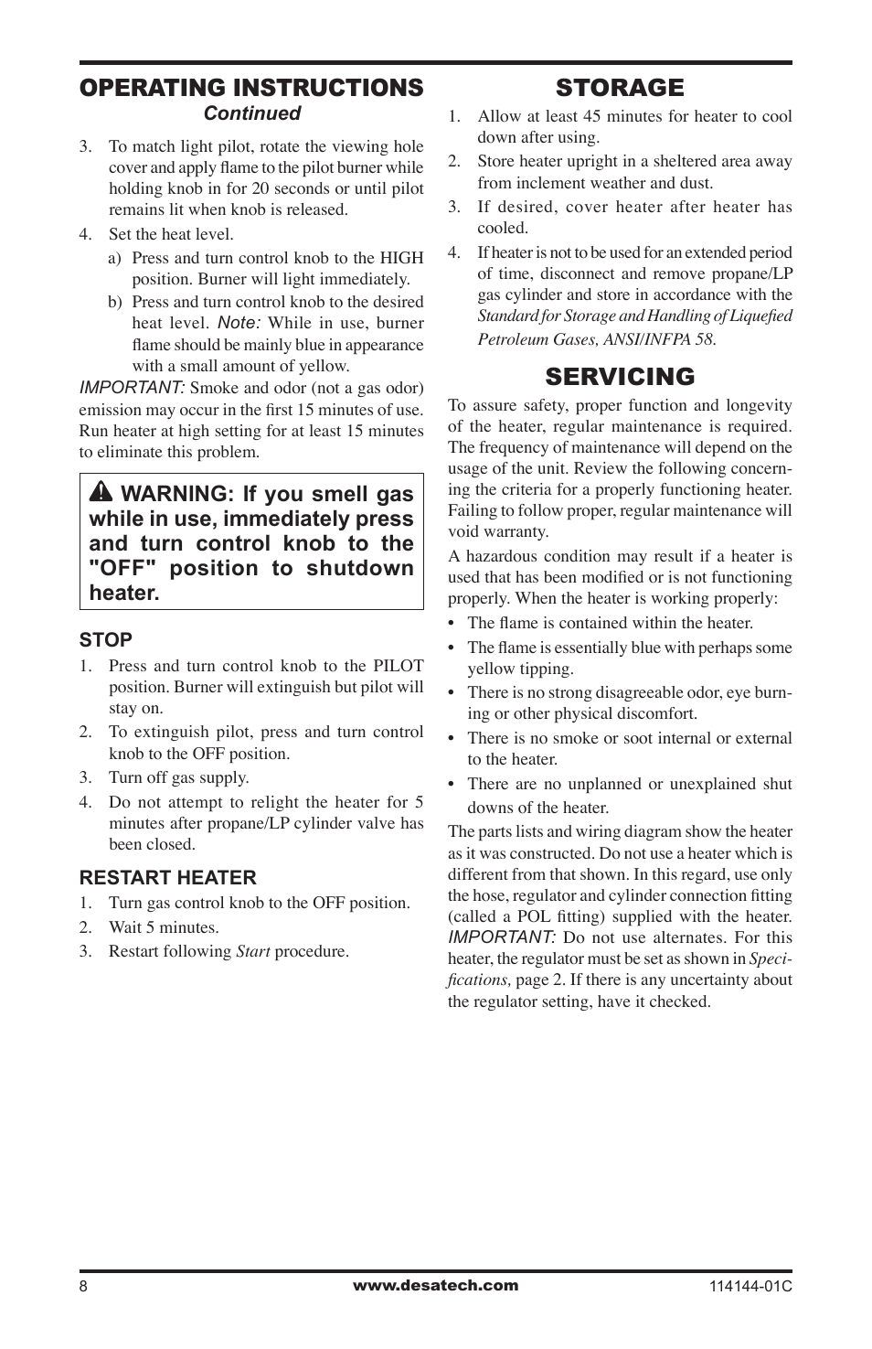 Storage, Servicing, Operating instructions | Desa SPC-54PHW User Manual | Page 8 / 12