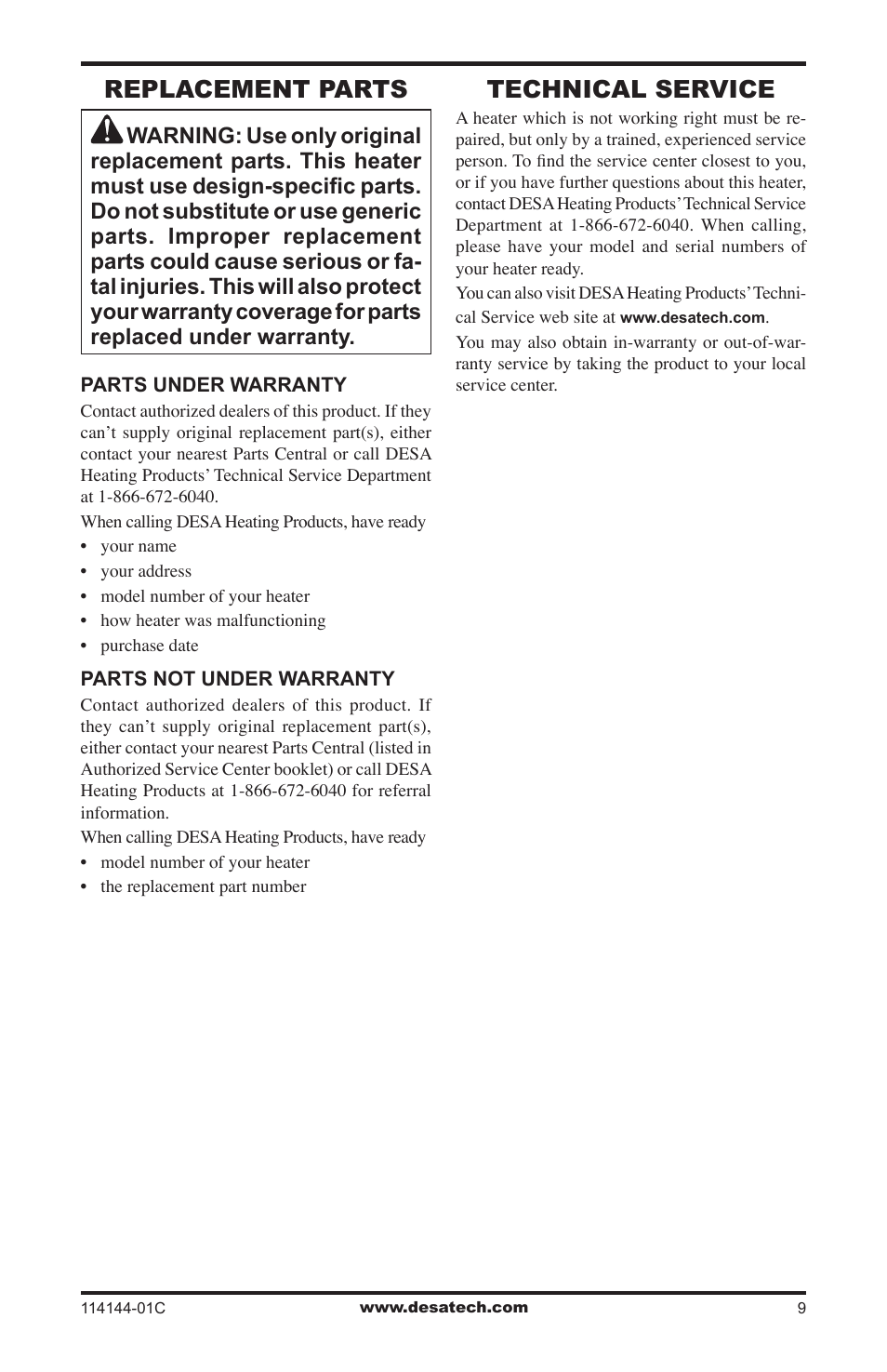 Replacement parts, Technical service | Desa SPC-54PHW User Manual | Page 9 / 12