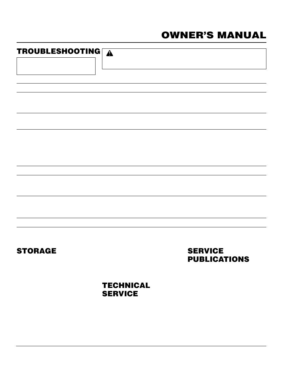 Owner’s manual, Troubleshooting, Technical service | Service publications, Storage | Desa LNT-2 076728K User Manual | Page 15 / 20