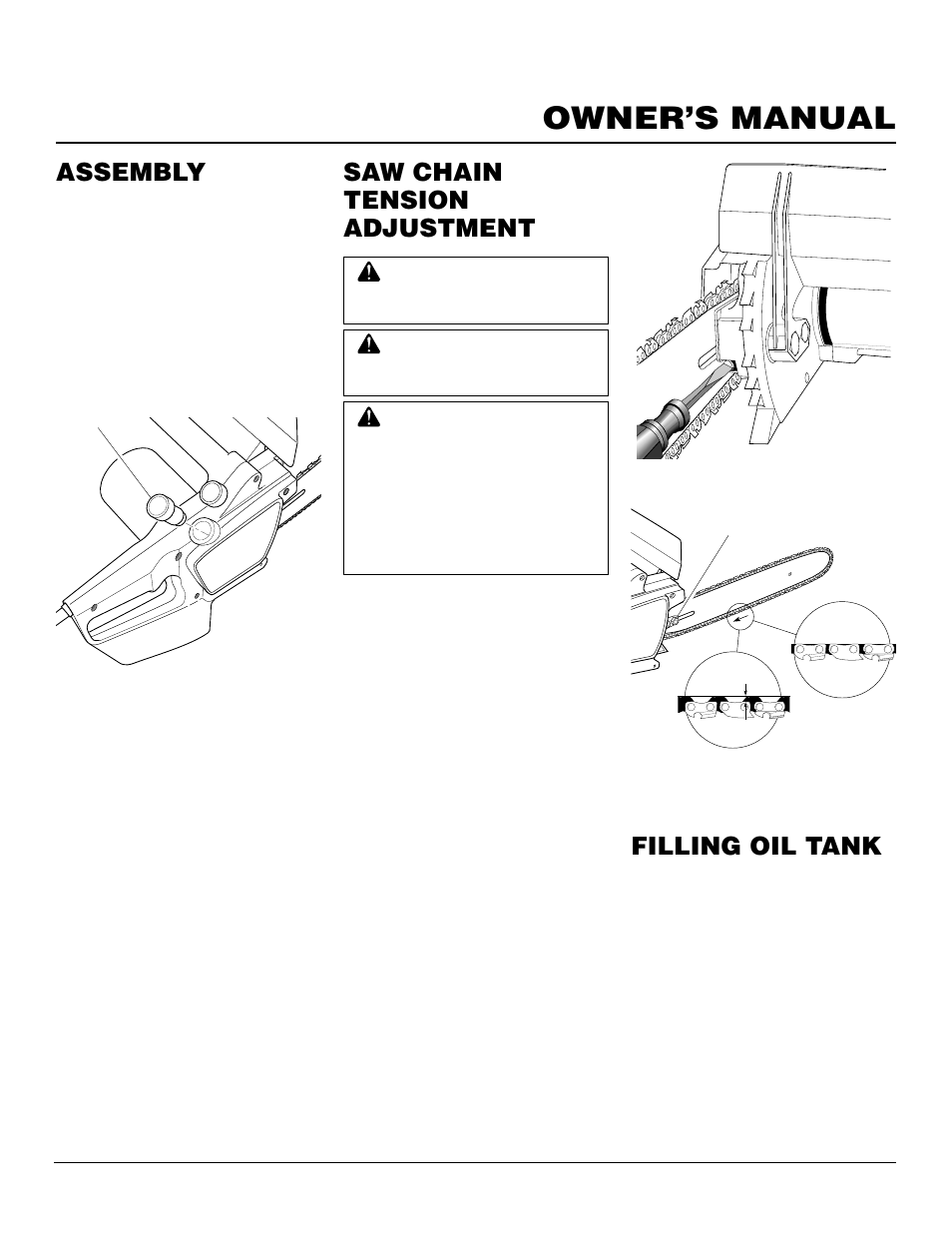 Owner’s manual, Assembly, Saw chain tension adjustment | Filling oil tank, Continued | Desa LNT-2 076728K User Manual | Page 7 / 20