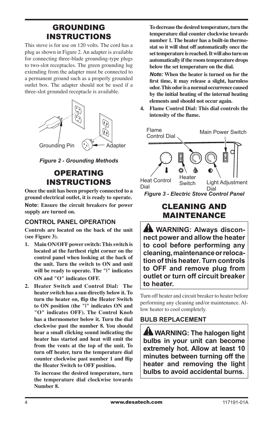 Grounding instructions, Operating instructions, Cleaning and maintenance | Desa CGESBM User Manual | Page 4 / 8