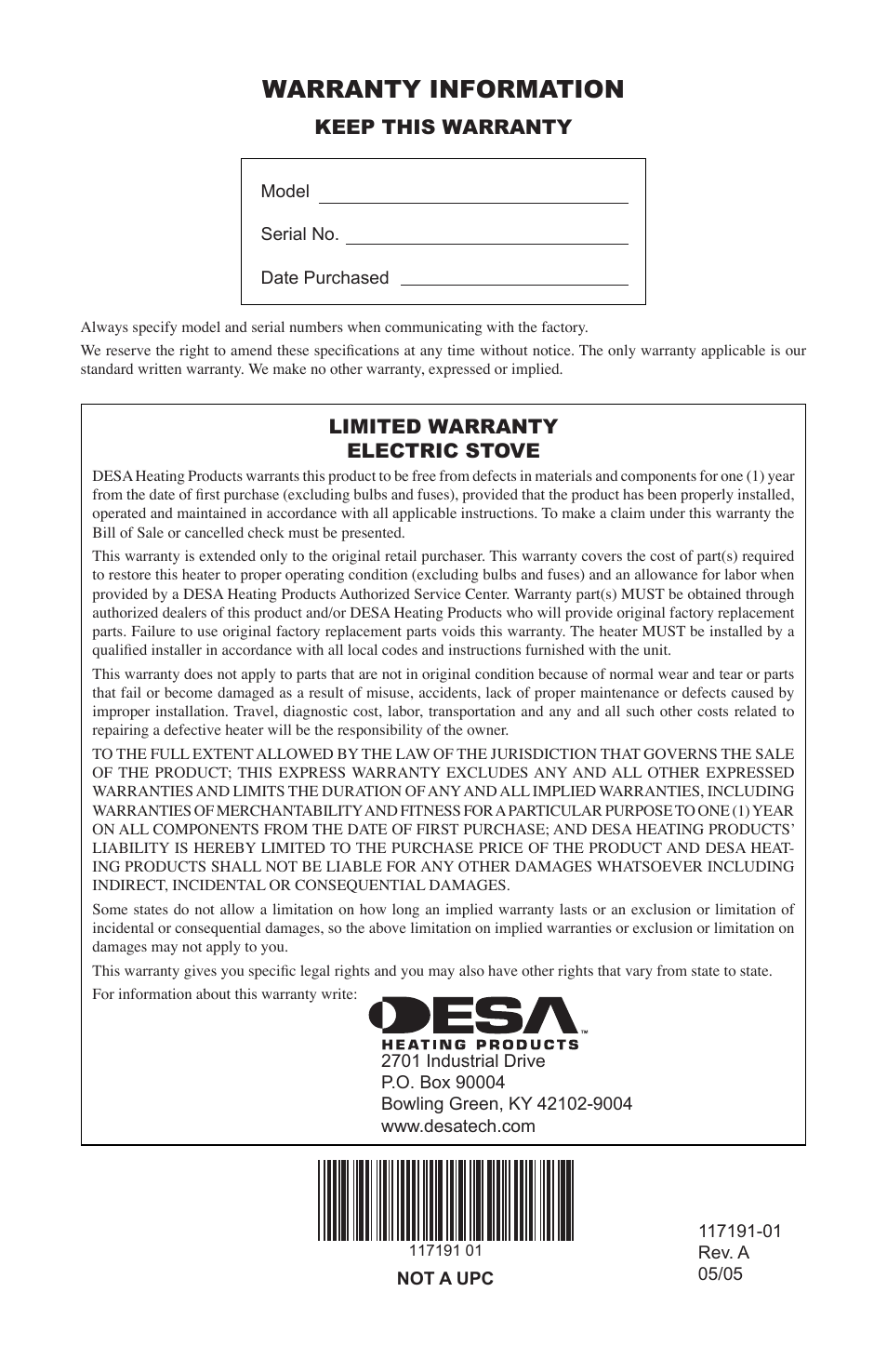 Warranty information, Keep this warranty, Limited warranty electric stove | Desa CGESBM User Manual | Page 8 / 8