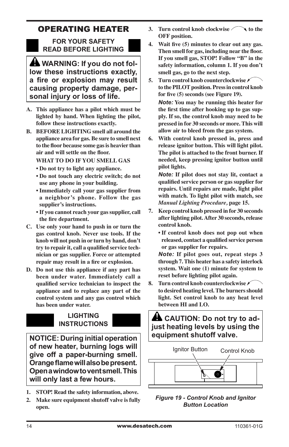 Operating heater | Desa S26NTA User Manual | Page 14 / 28