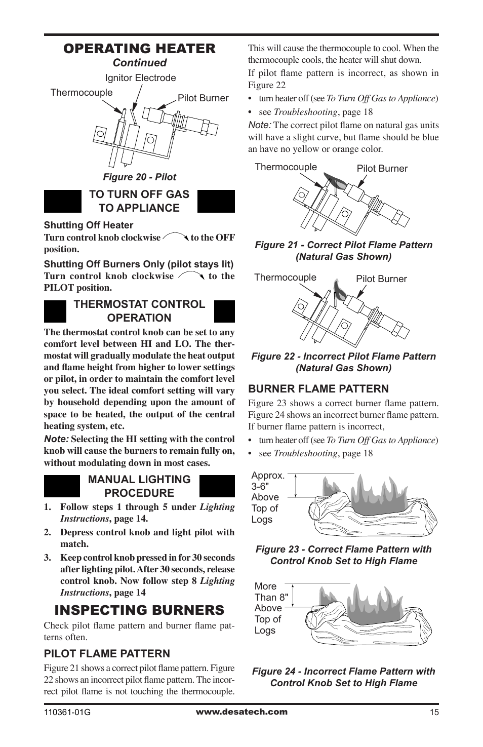 Inspecting burners, Operating heater | Desa S26NTA User Manual | Page 15 / 28