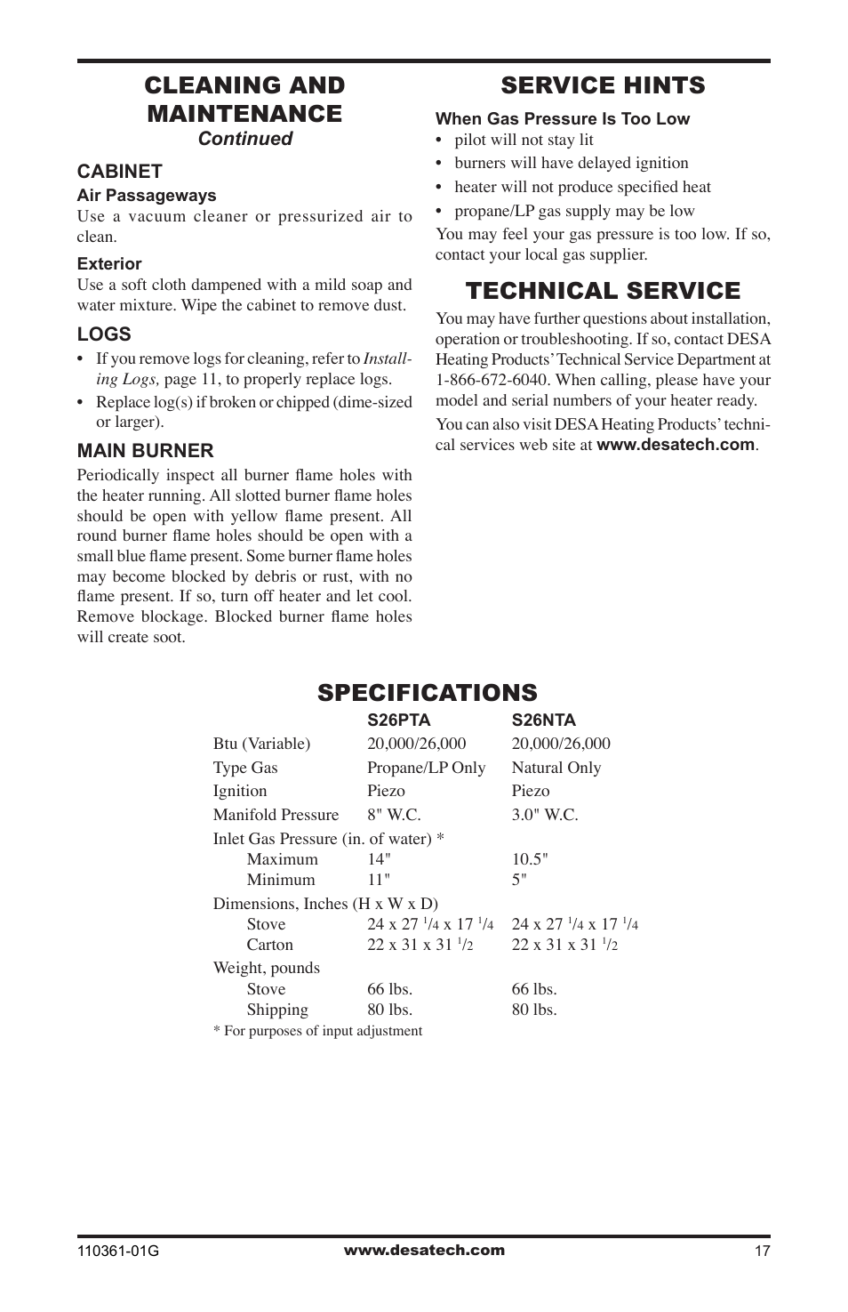 Specifications, Service hints, Technical service | Cleaning and maintenance | Desa S26NTA User Manual | Page 17 / 28