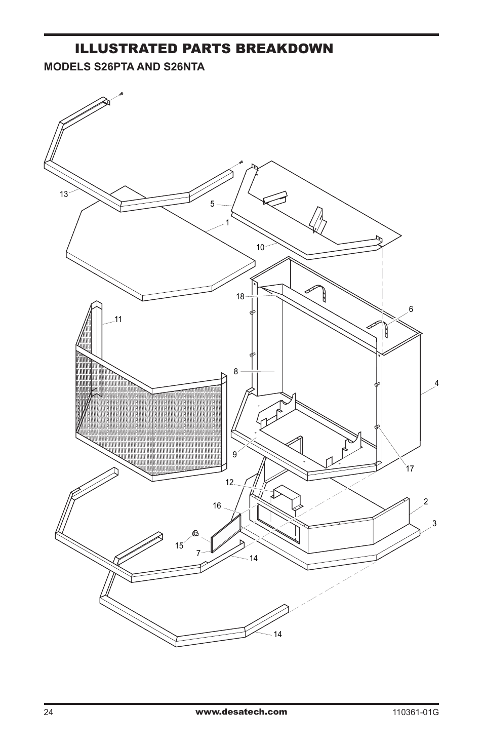 Illustrated parts breakdown, Models s26pta and s26nta | Desa S26NTA User Manual | Page 24 / 28