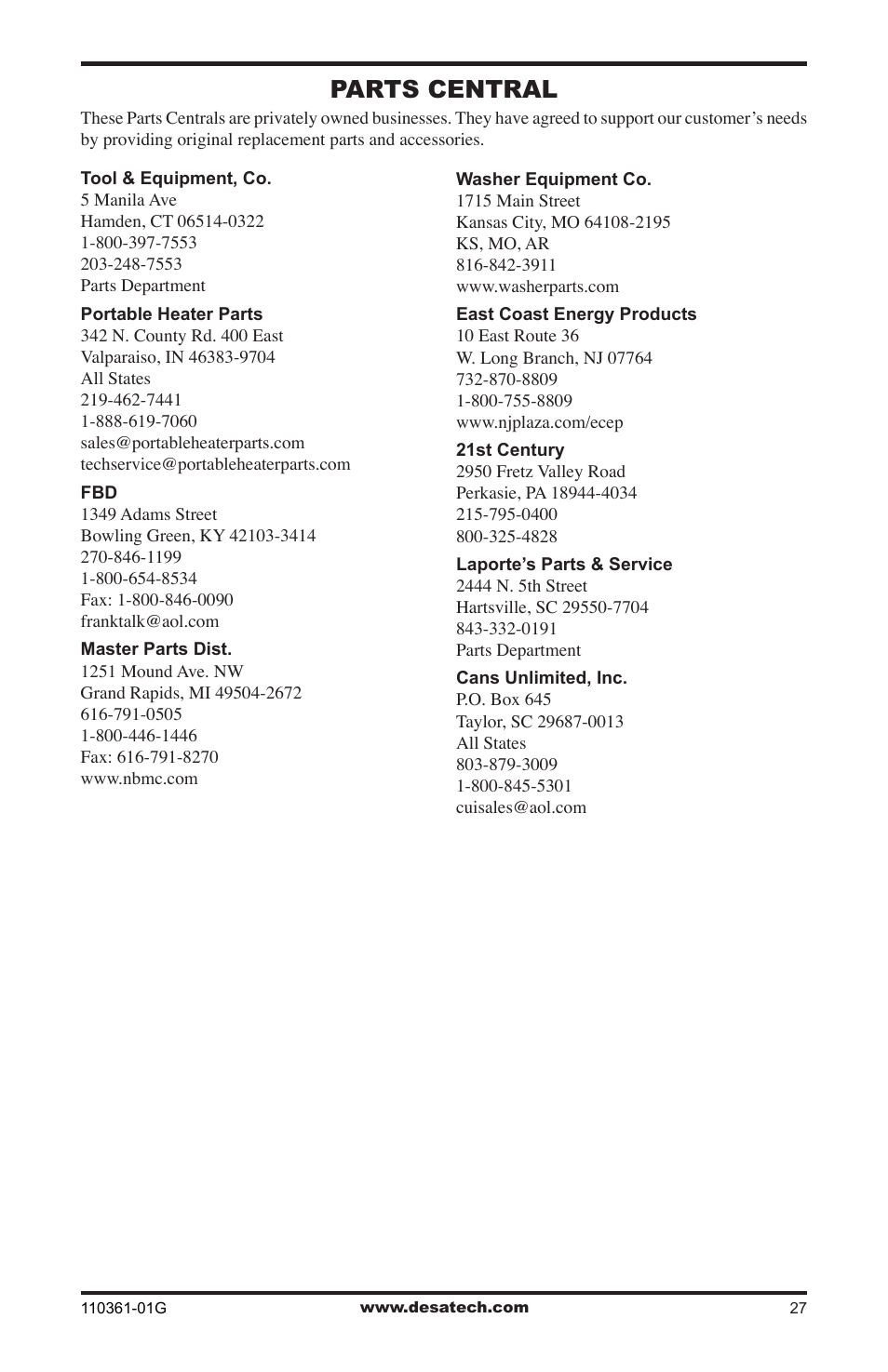 Parts central | Desa S26NTA User Manual | Page 27 / 28