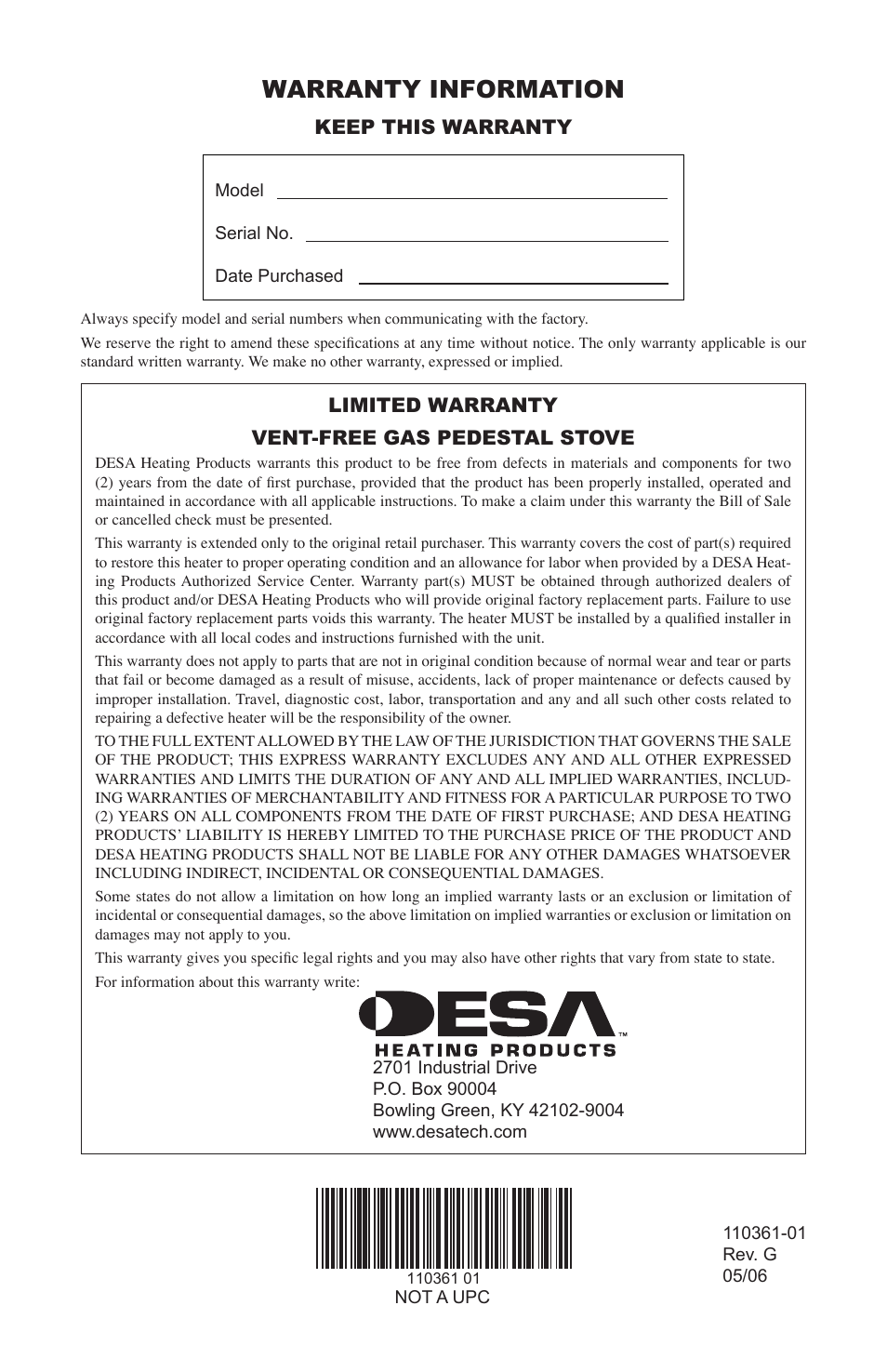 Warranty information, Limited warranty vent-free gas pedestal stove, Keep this warranty | Desa S26NTA User Manual | Page 28 / 28