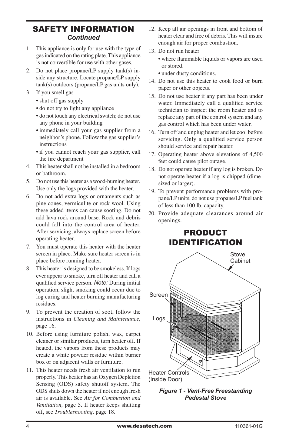 Product identification, Safety information | Desa S26NTA User Manual | Page 4 / 28
