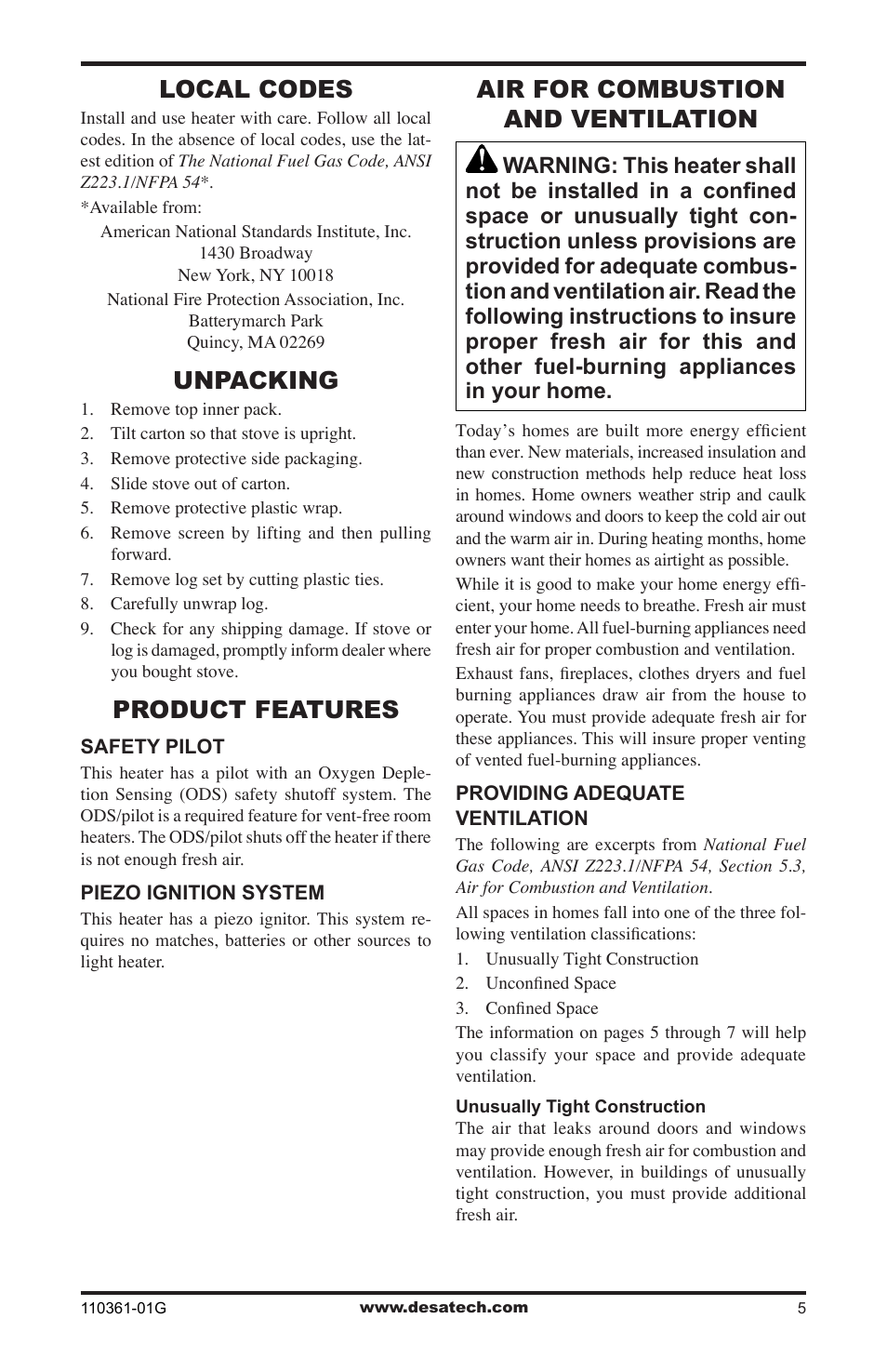 Local codes, Unpacking, Product features | Air for combustion and ventilation | Desa S26NTA User Manual | Page 5 / 28