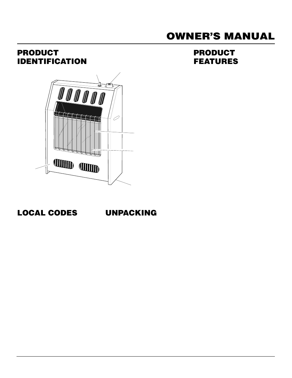 Owner’s manual, Product identification local codes, Unpacking | Product features | Desa FGHS30NGB User Manual | Page 3 / 22