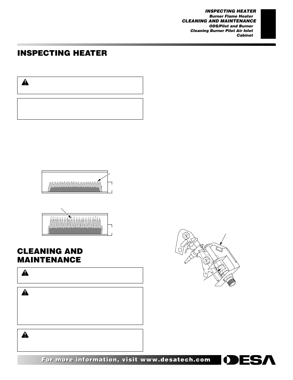 Inspecting heater, Cleaning and maintenance, Continued | Burner flame pattern, Ods/pilot and burner, Cleaning burner pilot air inlet, Cabinet | Desa CBN20 User Manual | Page 15 / 30