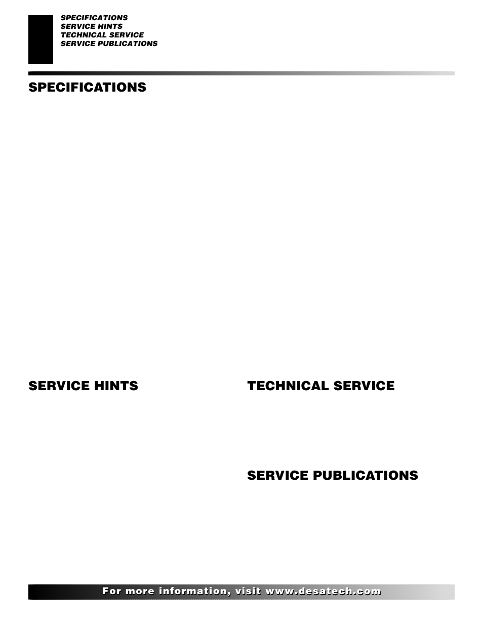 Technical service, Service hints, Service publications | Specifications | Desa CBN20 User Manual | Page 16 / 30