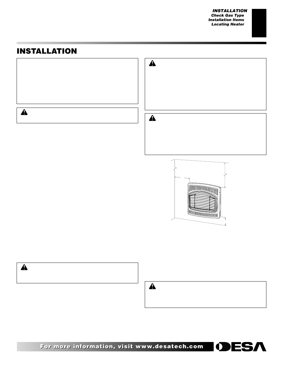 Installation, Check gas type, Installation items | Locating heater | Desa CBN20 User Manual | Page 7 / 30