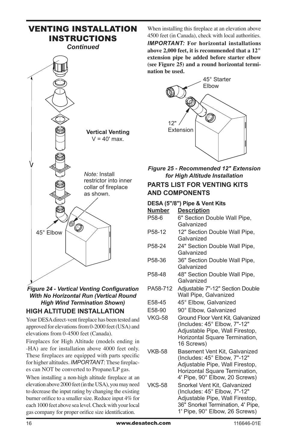 Venting installation instructions | Desa CGDV32pR User Manual | Page 16 / 44
