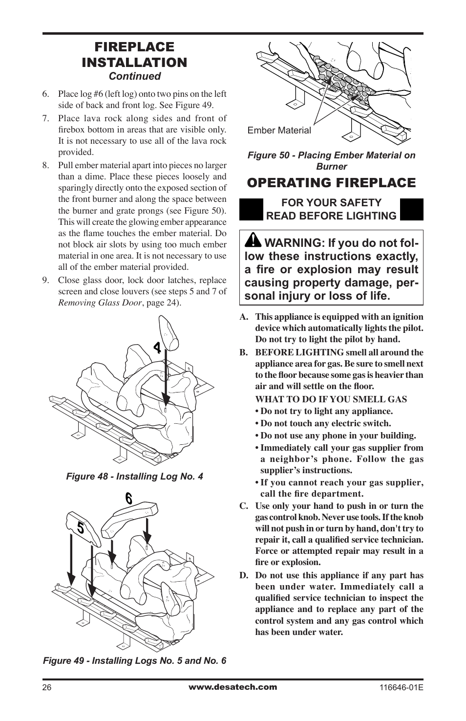 Operating fireplace, Fireplace installation | Desa CGDV32pR User Manual | Page 26 / 44