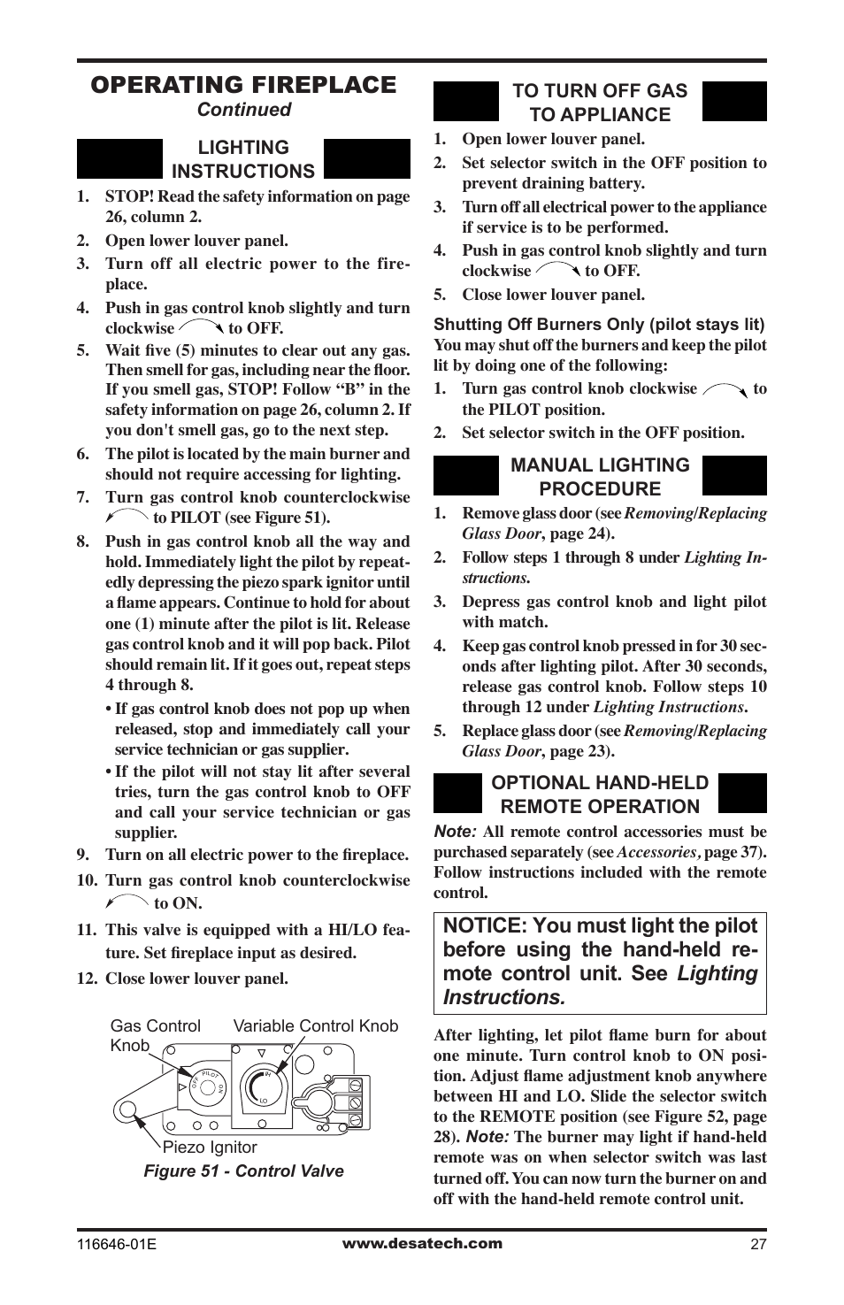 Operating fireplace | Desa CGDV32pR User Manual | Page 27 / 44