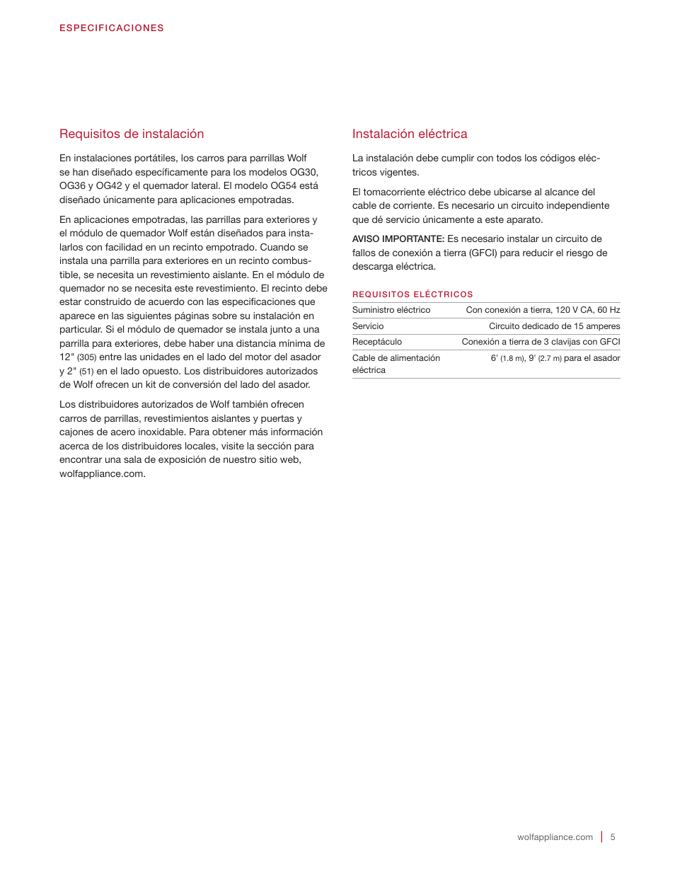 Requisitos de instalación, Instalación eléctrica | Wolf 30 Inch Built-in Gas Grill  Installation Guide User Manual | Page 23 / 56