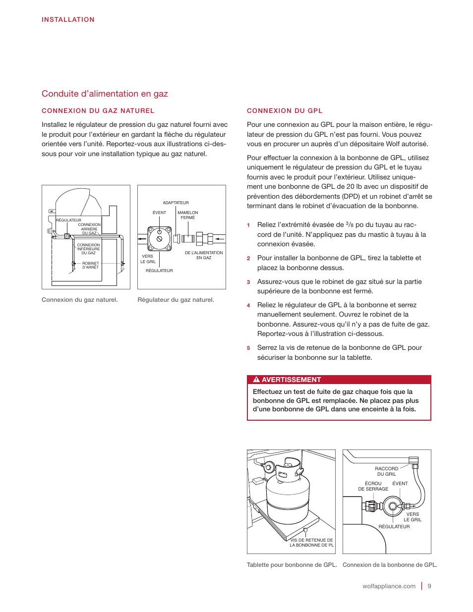 Conduite d’alimentation en gaz | Wolf 30 Inch Built-in Gas Grill  Installation Guide User Manual | Page 45 / 56