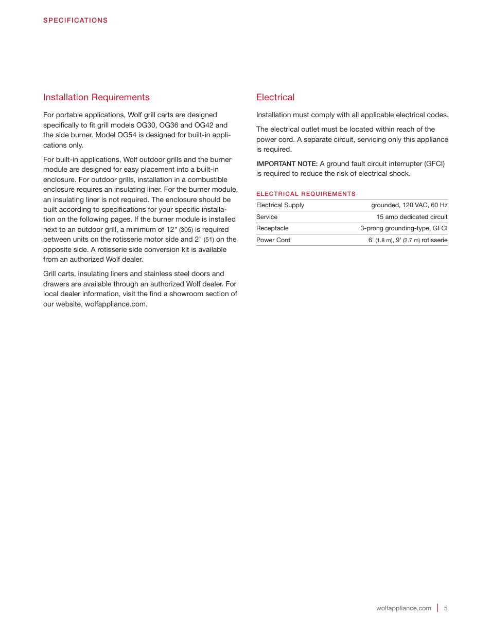 Installation requirements, Electrical | Wolf 30 Inch Built-in Gas Grill  Installation Guide User Manual | Page 5 / 56