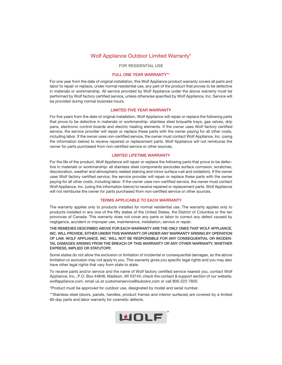 Wolf appliance outdoor limited warranty | Wolf 30 Inch Built-in Gas Grill  Manual User Manual | Page 15 / 44