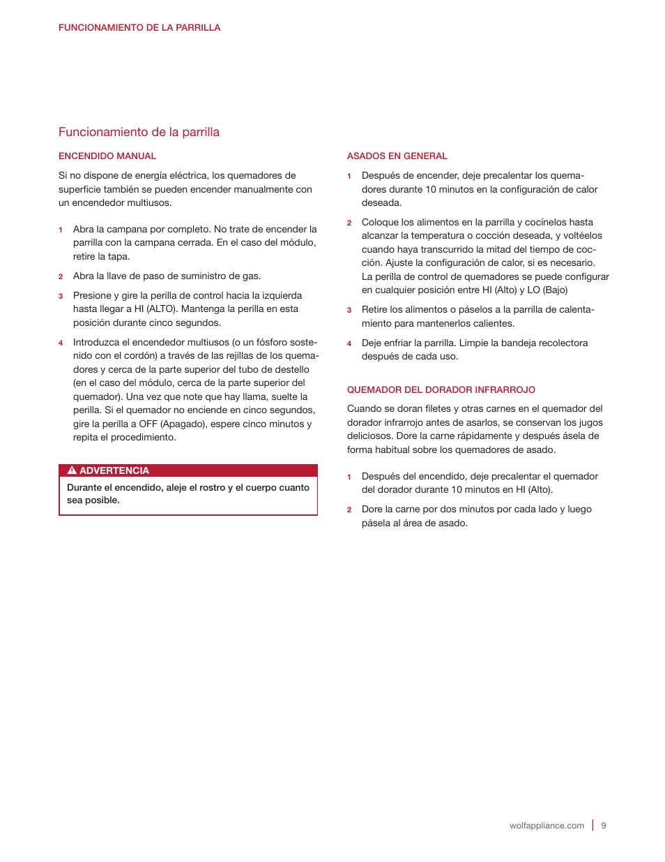 Funcionamiento de la parrilla | Wolf 30 Inch Built-in Gas Grill  Manual User Manual | Page 23 / 44