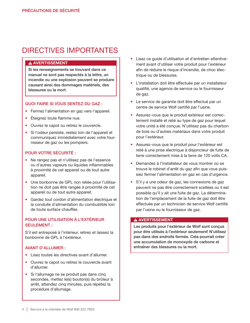 Directives importantes | Wolf 30 Inch Built-in Gas Grill  Manual User Manual | Page 32 / 44