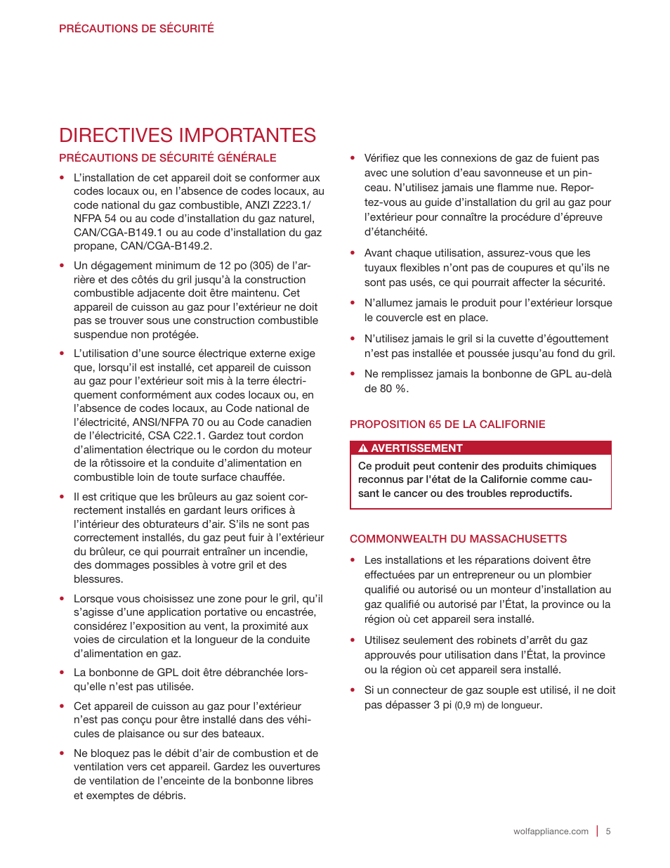 Directives importantes | Wolf 30 Inch Built-in Gas Grill  Manual User Manual | Page 33 / 44