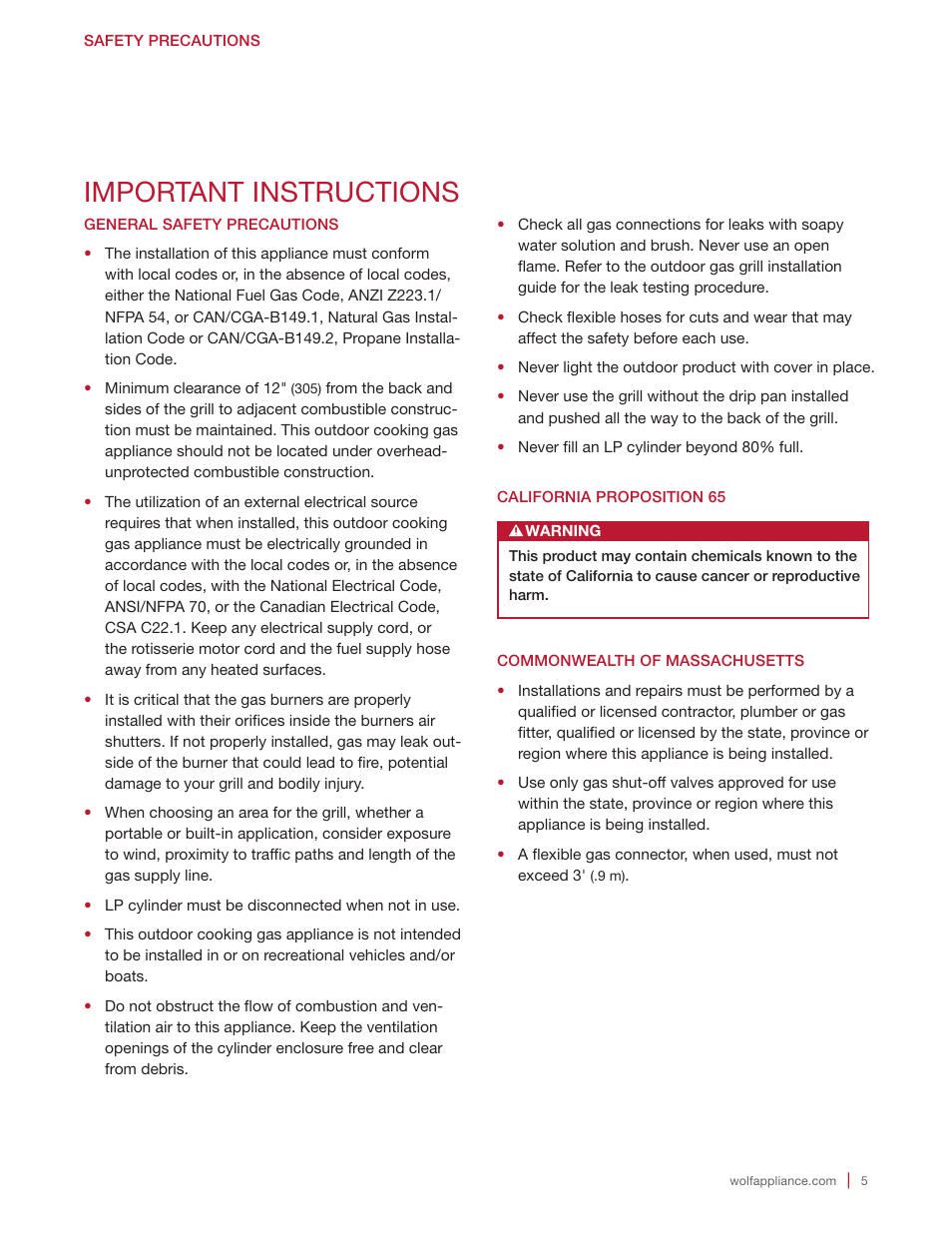 Important instructions | Wolf 30 Inch Built-in Gas Grill  Manual User Manual | Page 5 / 44