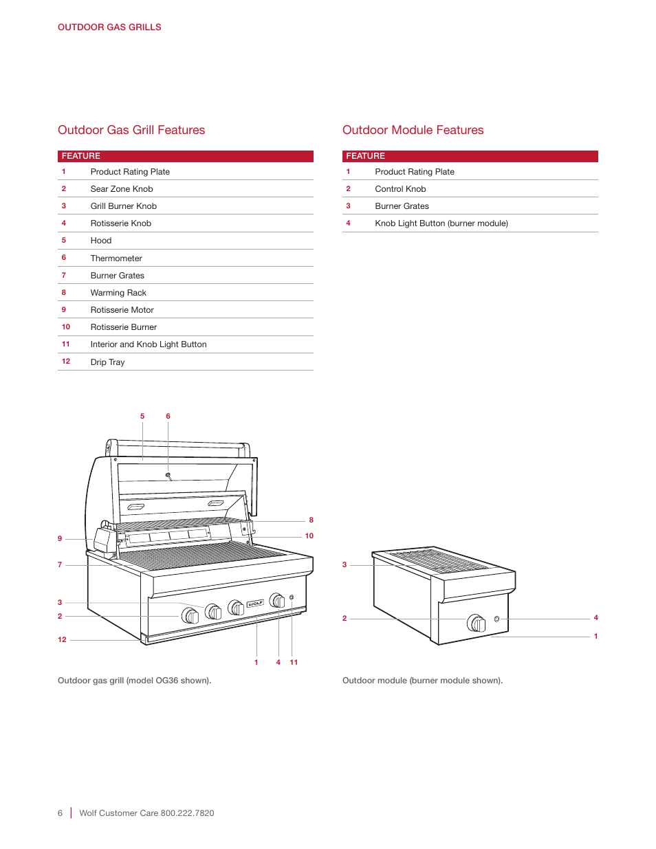 Outdoor gas grill features, Outdoor module features | Wolf 30 Inch Built-in Gas Grill  Manual User Manual | Page 6 / 44