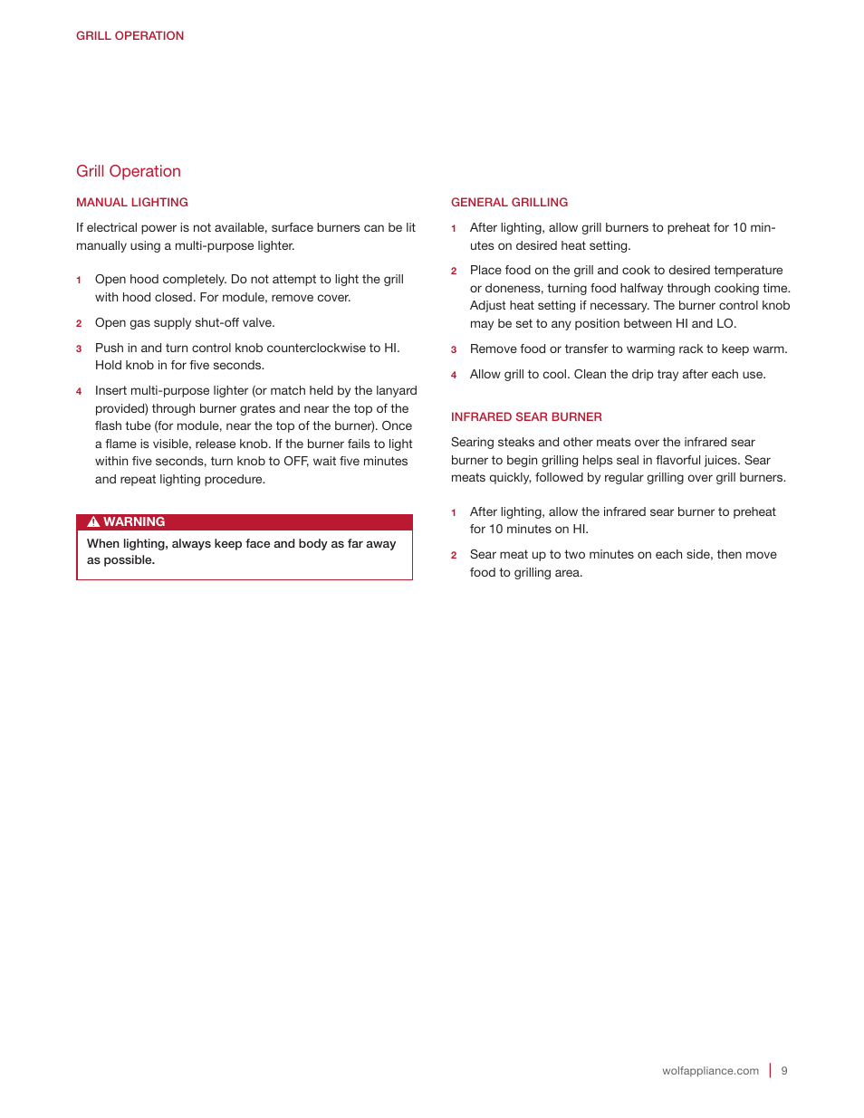 Grill operation | Wolf 30 Inch Built-in Gas Grill  Manual User Manual | Page 9 / 44