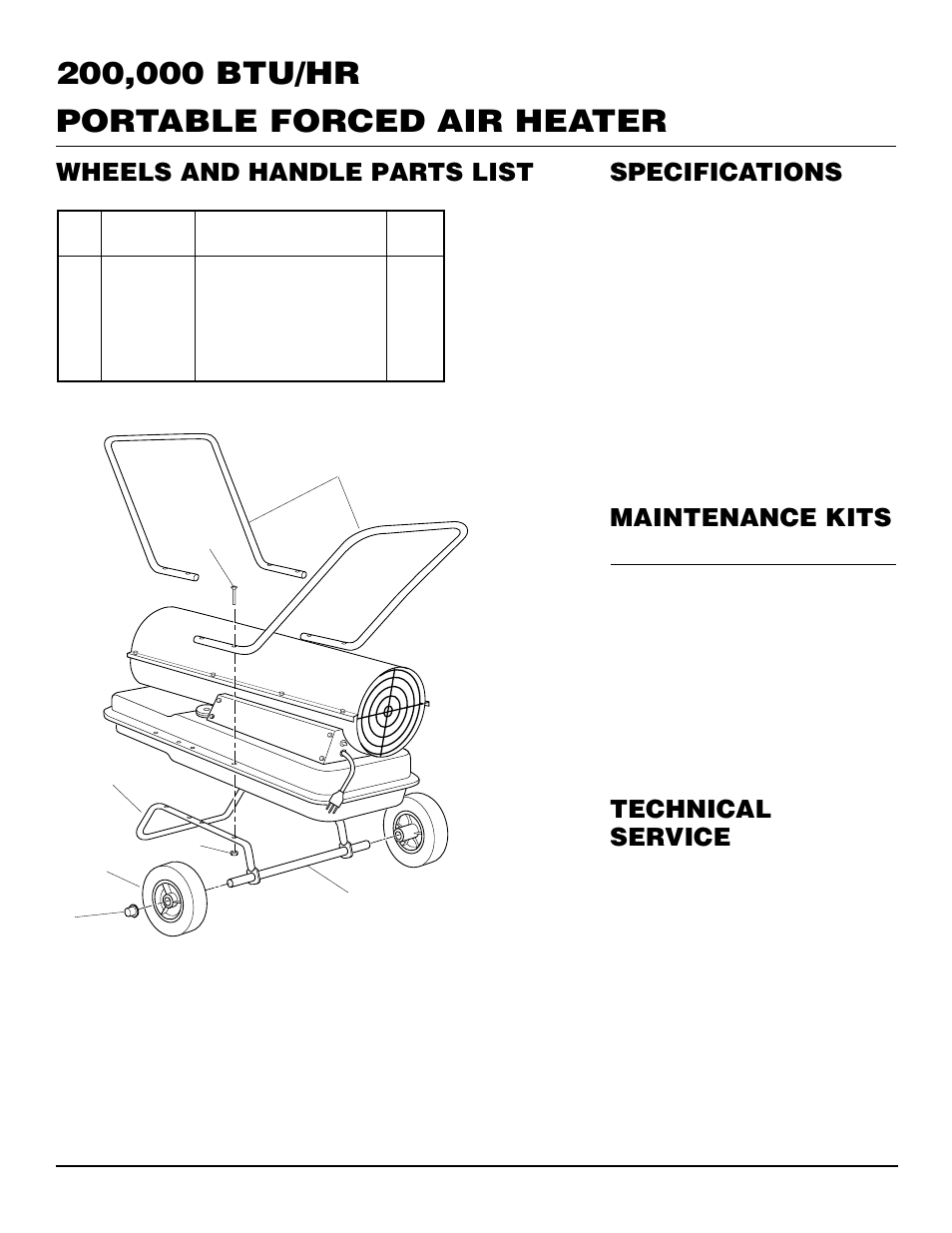 Wheels and handle parts list, Technical service, Specifications maintenance kits | Desa RM200T User Manual | Page 14 / 16