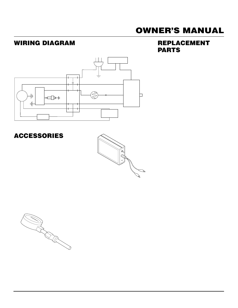 Owner’s manual, Wiring diagram, Replacement parts | Accessories, Parts under warranty, Parts not under warranty, Air gauge kit - ha1180, Flame-out control/ photocell tester ha1170 | Desa RM200T User Manual | Page 15 / 16