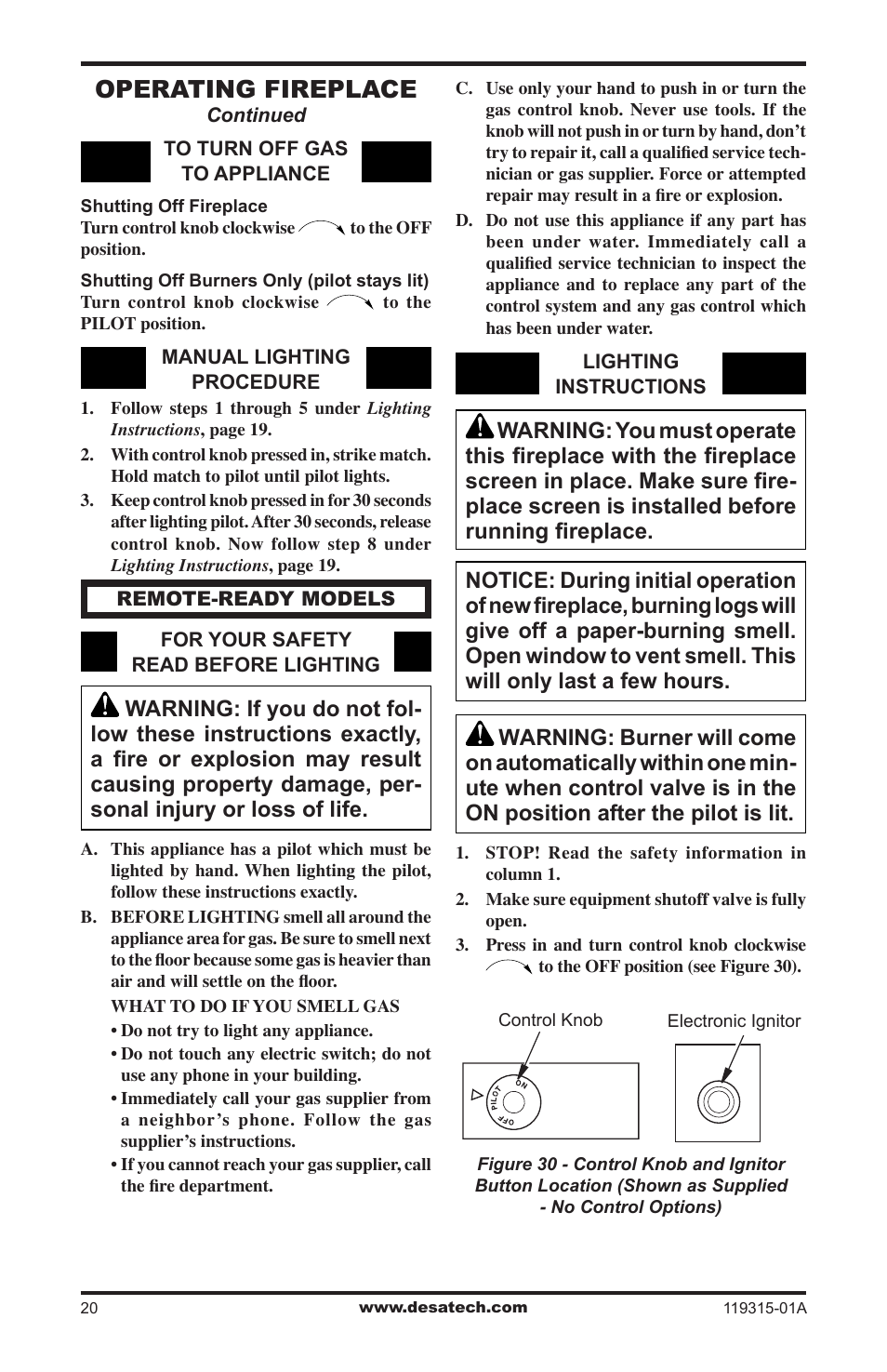 Operating fireplace | Desa CGMFP User Manual | Page 20 / 36