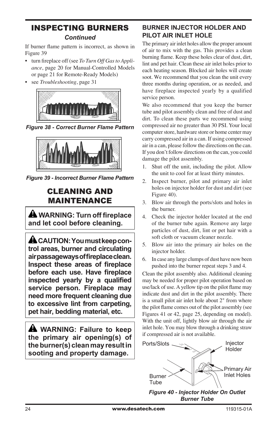 Inspecting burners, Cleaning and maintenance | Desa CGMFP User Manual | Page 24 / 36