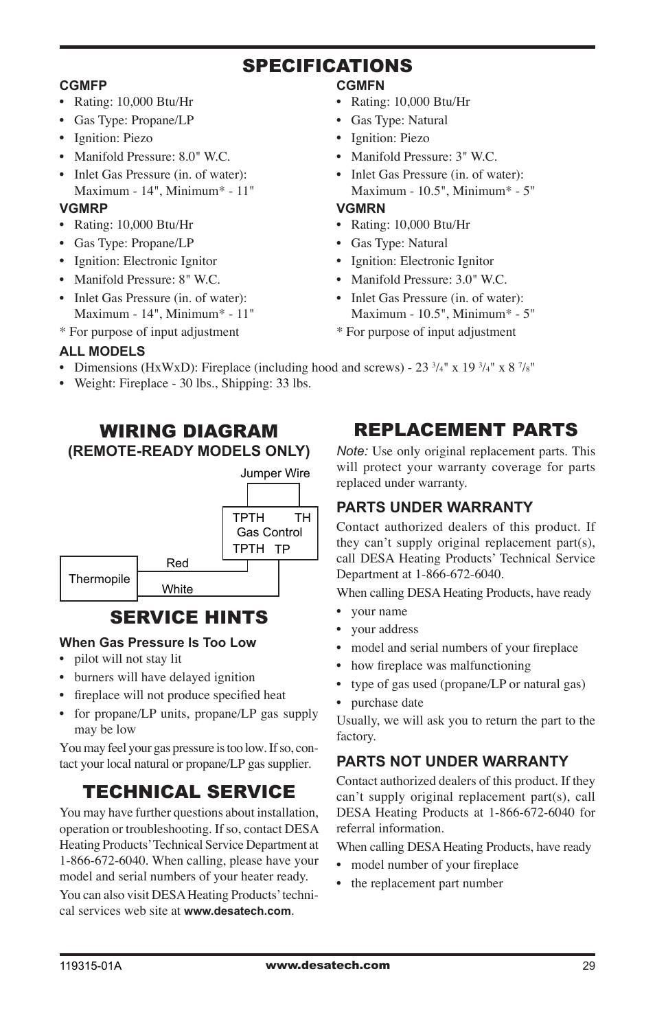Specifications, Wiring diagram, Service hints | Technical service, Replacement parts, Specifications service hints | Desa CGMFP User Manual | Page 29 / 36