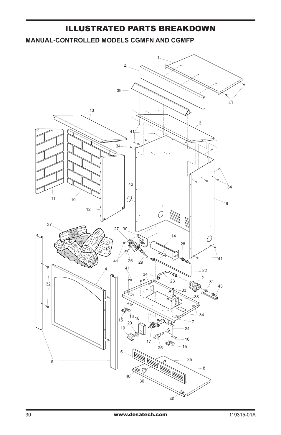 Illustrated parts breakdown and parts list, Illustrated parts breakdown, Manual-controlled models cgmfn and cgmfp | Desa CGMFP User Manual | Page 30 / 36