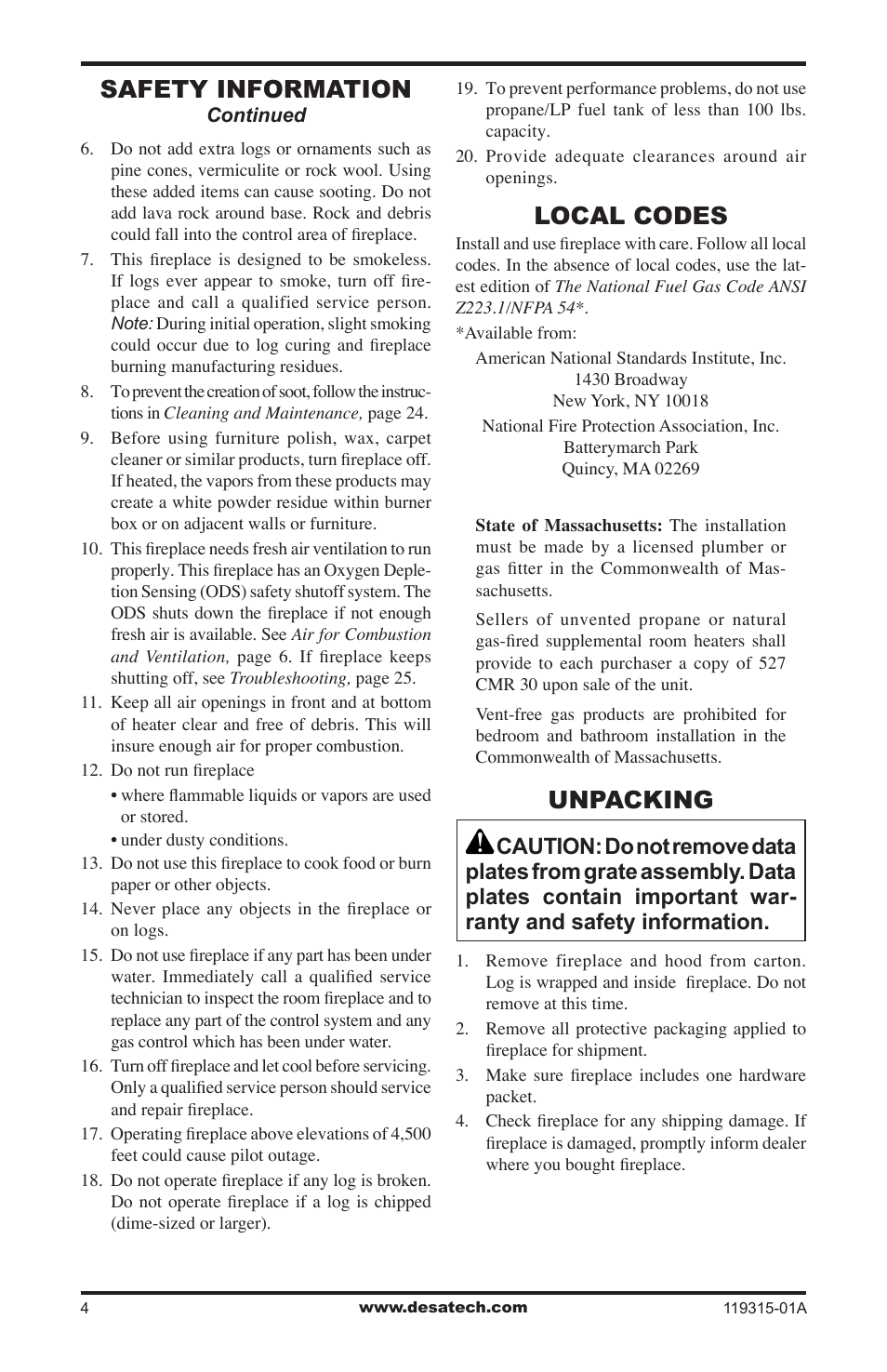 Local codes, Unpacking, Safety information | Desa CGMFP User Manual | Page 4 / 36