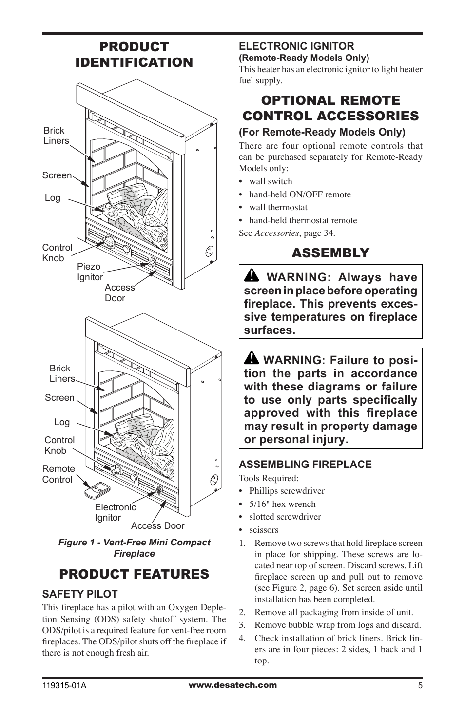 Product identification, Product features, Optional remote control accessories | Assembly | Desa CGMFP User Manual | Page 5 / 36
