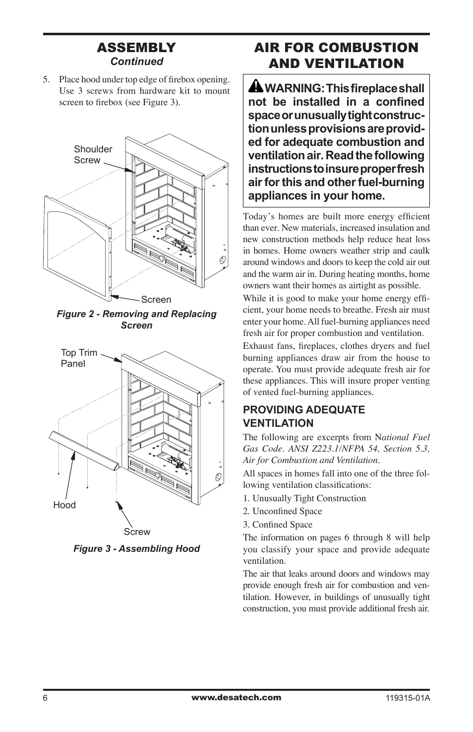 Air for combustion and ventilation, Assembly | Desa CGMFP User Manual | Page 6 / 36