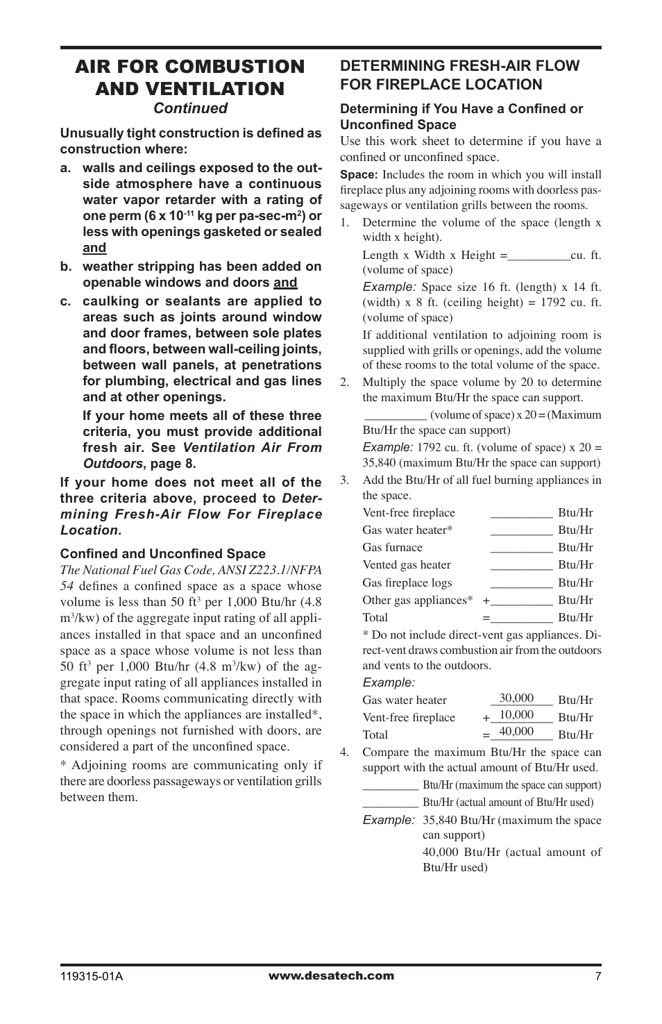 Air for combustion and ventilation | Desa CGMFP User Manual | Page 7 / 36